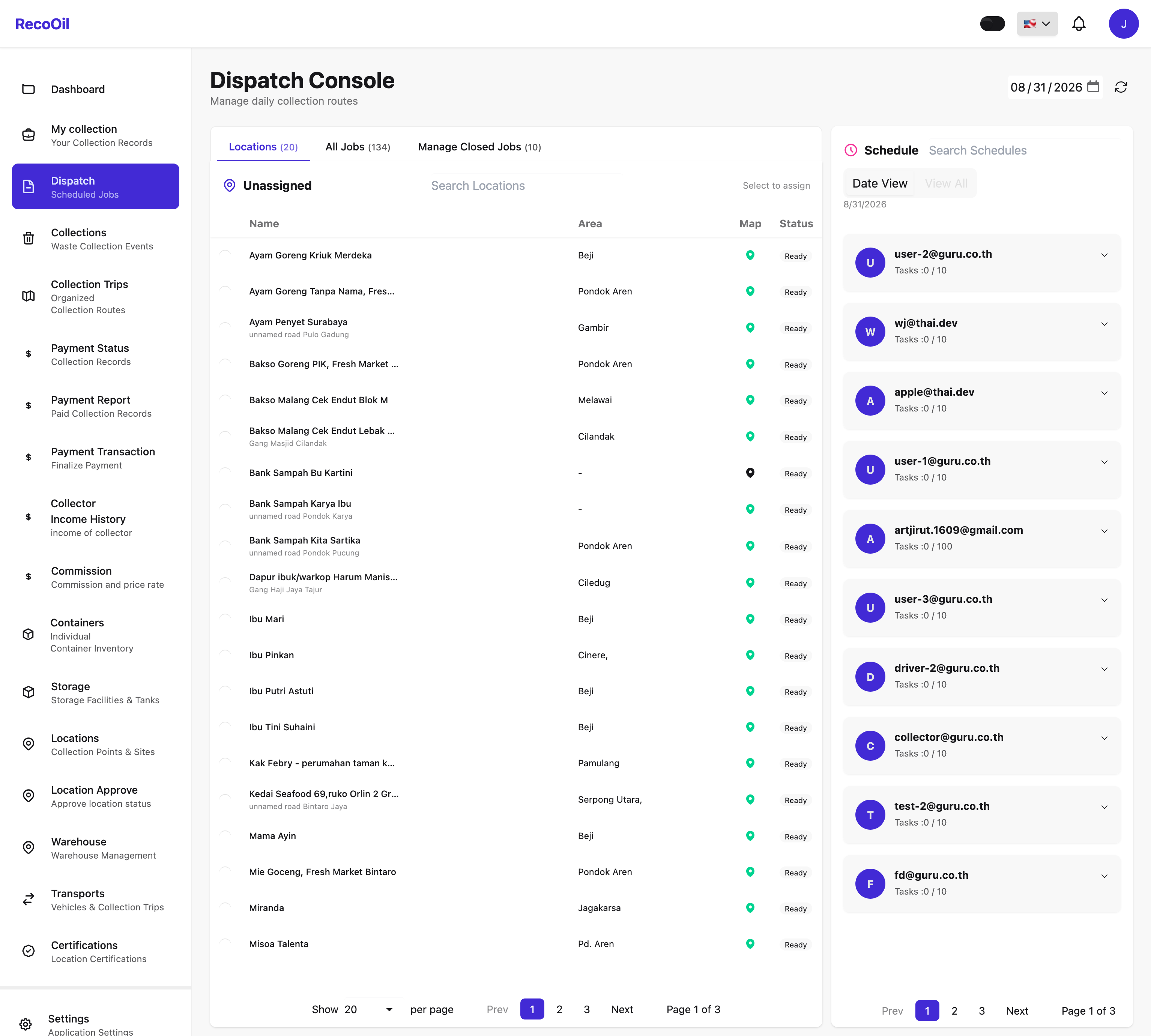 JustCollect admin dispatch console