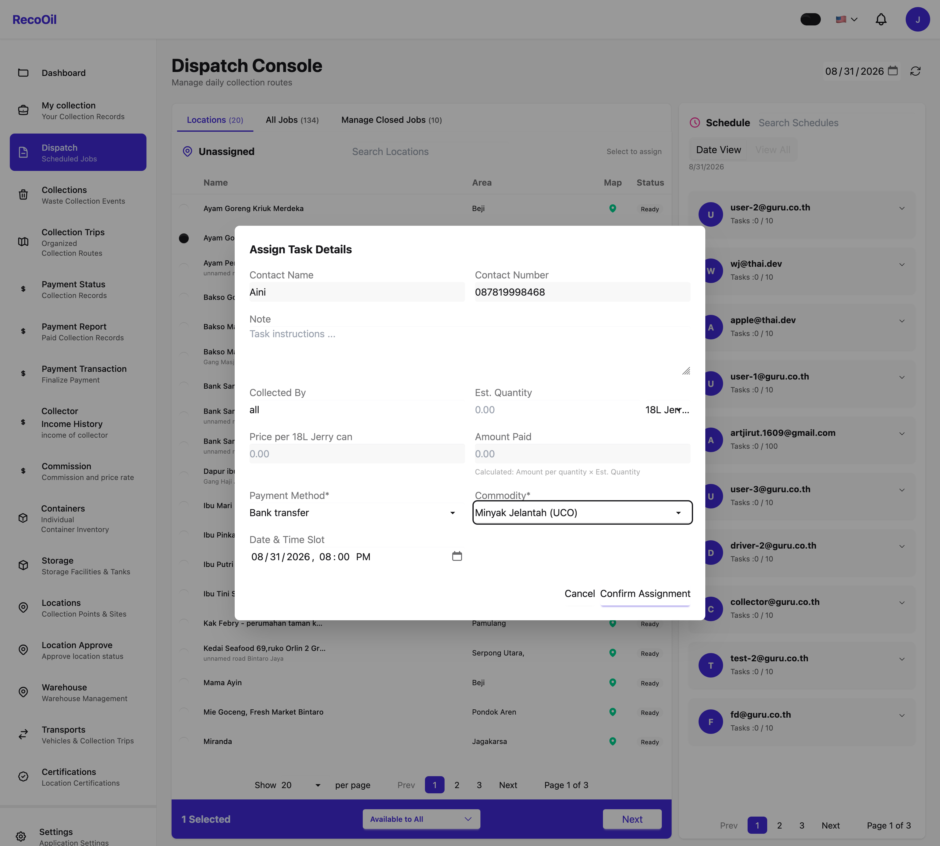 Admin job form with quantity, price, payment, material and schedule settings