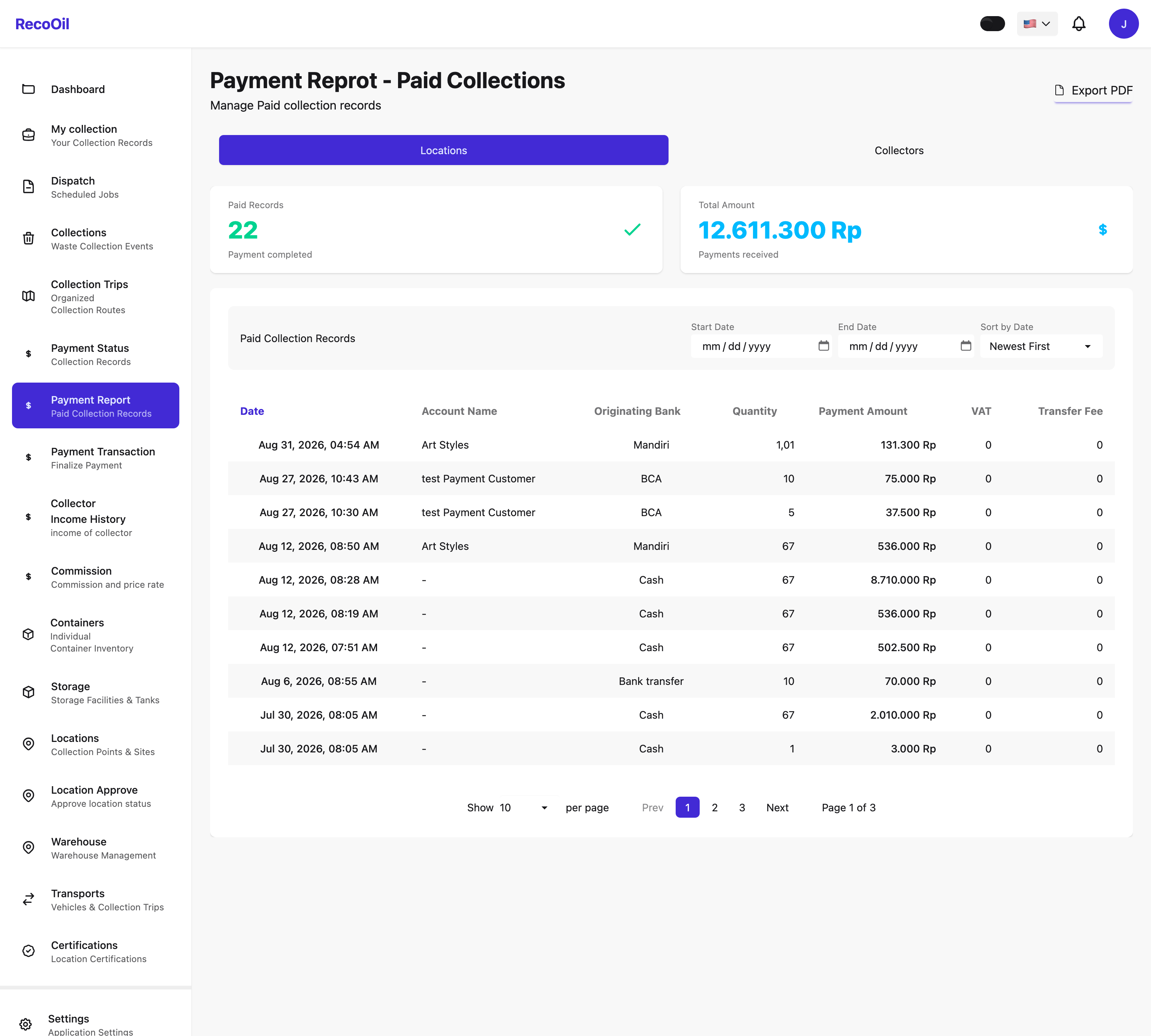 Paid collection report with payment totals and transaction records